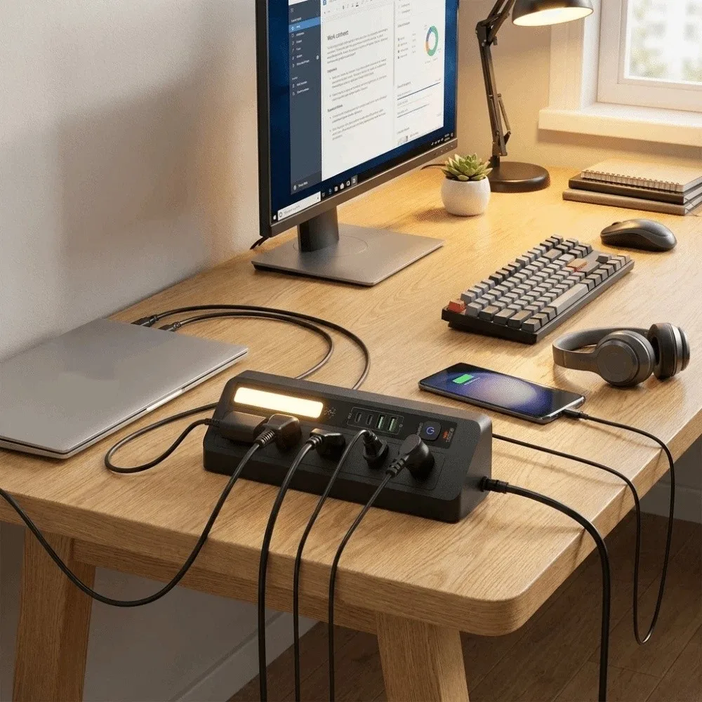 Touch Activated Desktop Charging Strip 2AC 2USB Flame-Retardant Shell USB Charging Station Compact Portable Lightweight