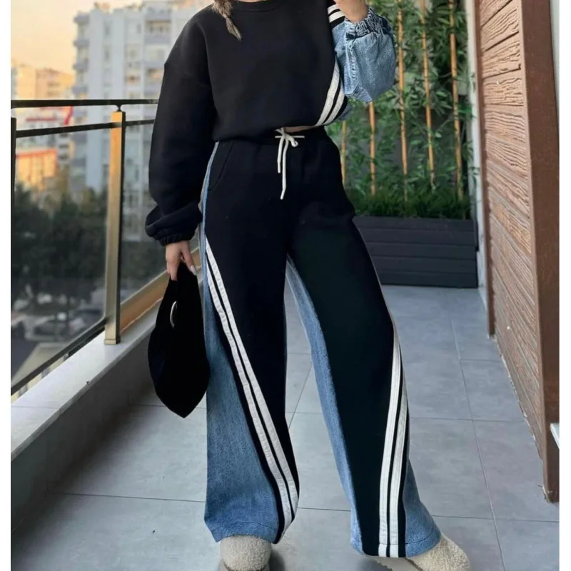 Ladies 2 Piece-Set Drawstring Trousers Contrast Lace-Up Autumn 2024 Pullover And High Waist Women Pants Outfits Tracksuit