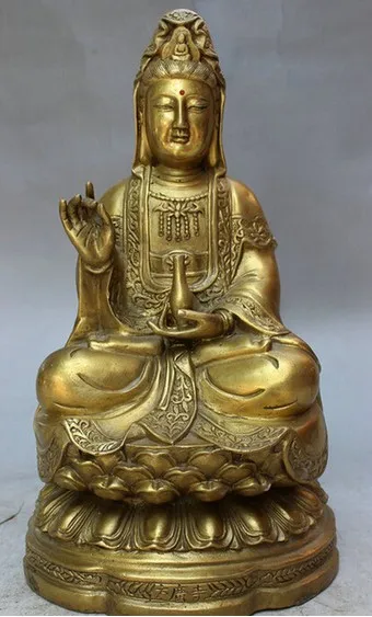 13inch Chinese Brass Temple Pray Pot Kwan-yin GuanYin Buddha Goddess Seat Statue