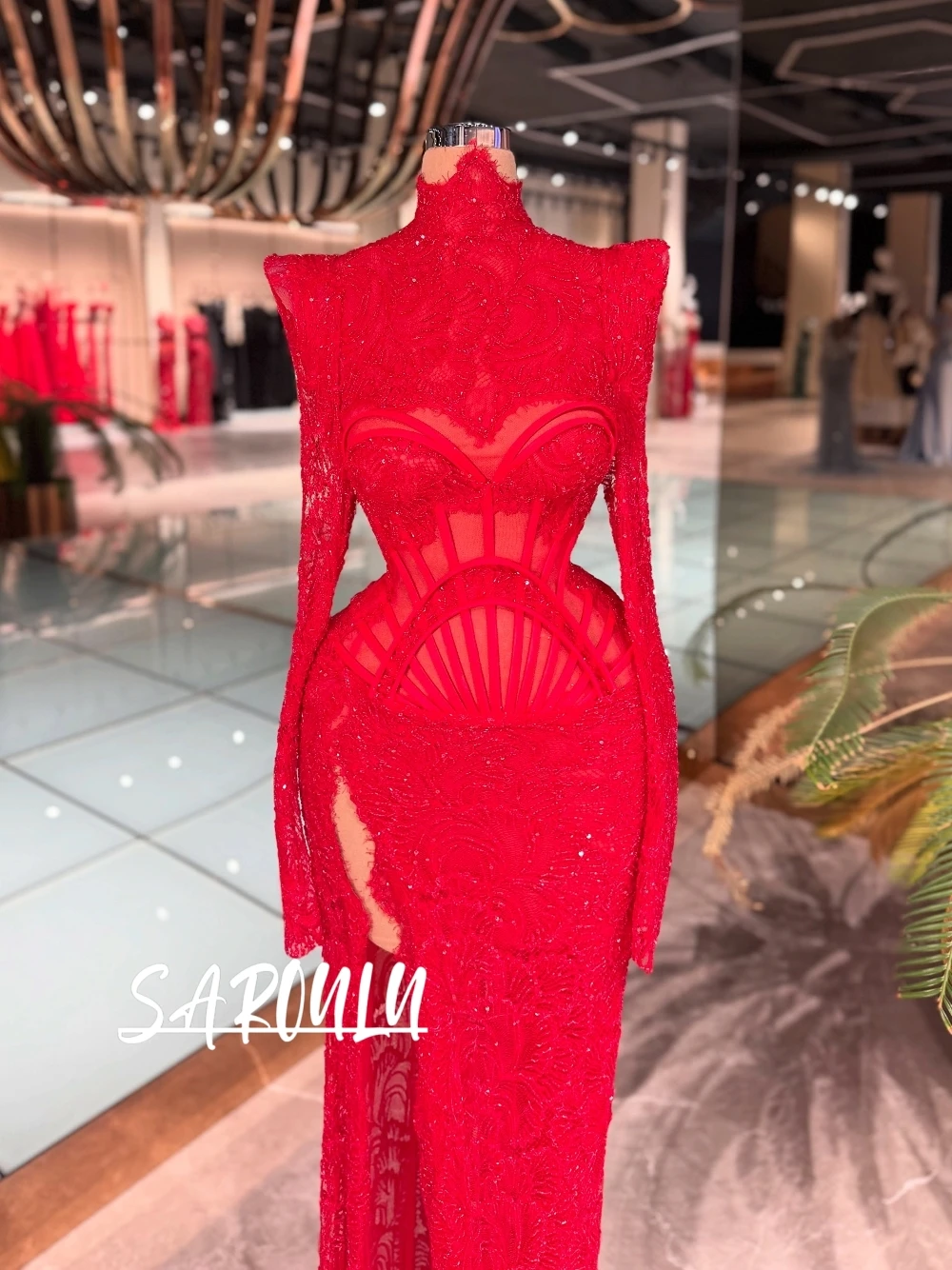 

Red Sequined Mermaid Evening Dress With High Slit Statement Beaded High Neckline Cocktail Gown Customized Long Sexy Women Wear