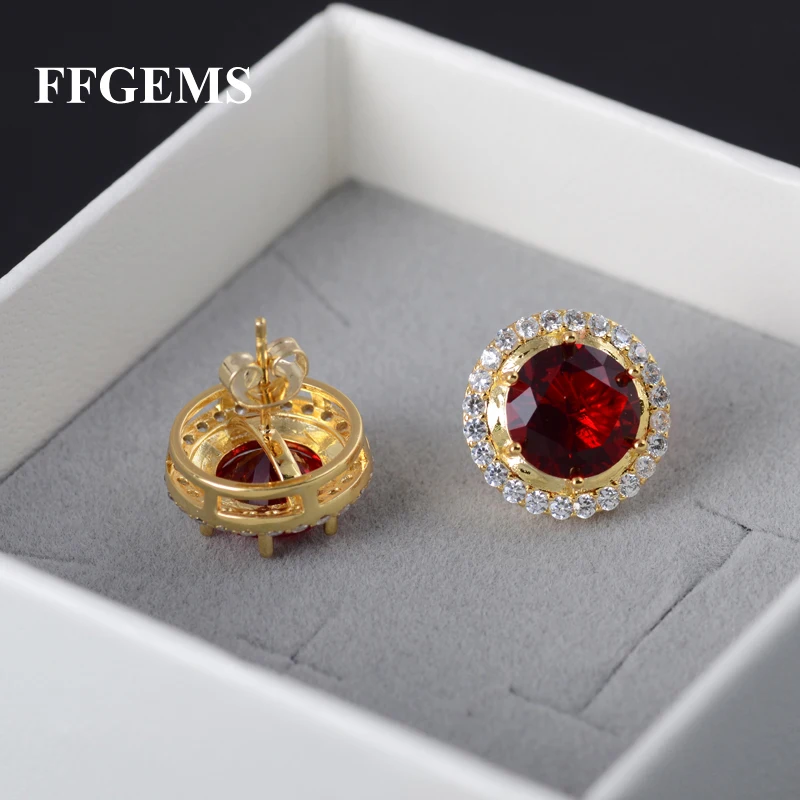 

FFGems Big Round Gemstone Simple Flower Lady Earring Gold Color Red Green Amethyst White Women Fine Jewelry Party Wedding Gift