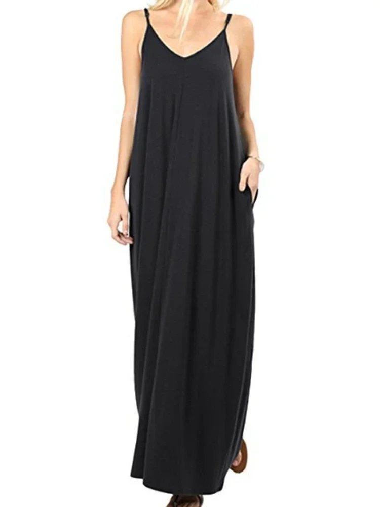 

Womens Casual Plain Flowy Loose Spaghetti Strap Sleeveless Maxi Dress with Pockets for Summer