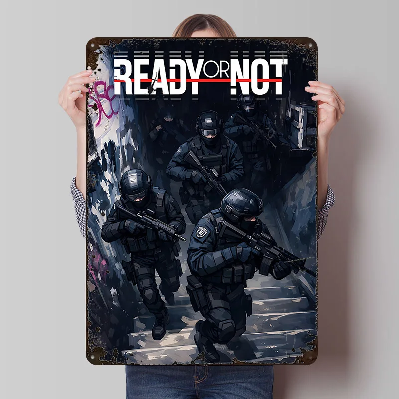 Ready or Not Spielcover Gedrucktes Poster Individualisierte Retro Wandkunst Vintage Metallschilder für Garagendekoration Gaming-Dekor Zimmer