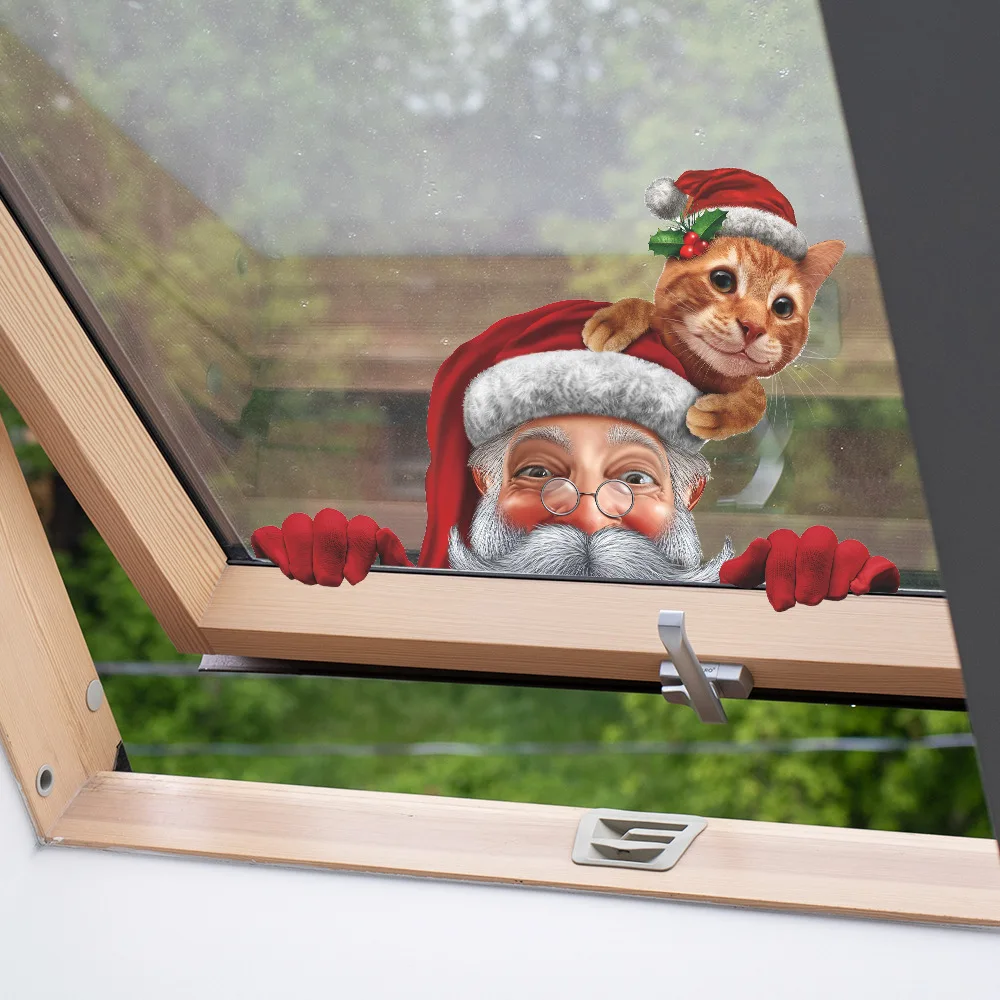 Weihnachts-Fensteraufkleber mit Weihnachtsmann und Kätzchen – bezaubernde Glasaufkleber für Zuhause, Schlafzimmer, Bürodekoration, abnehmbare Dekoration