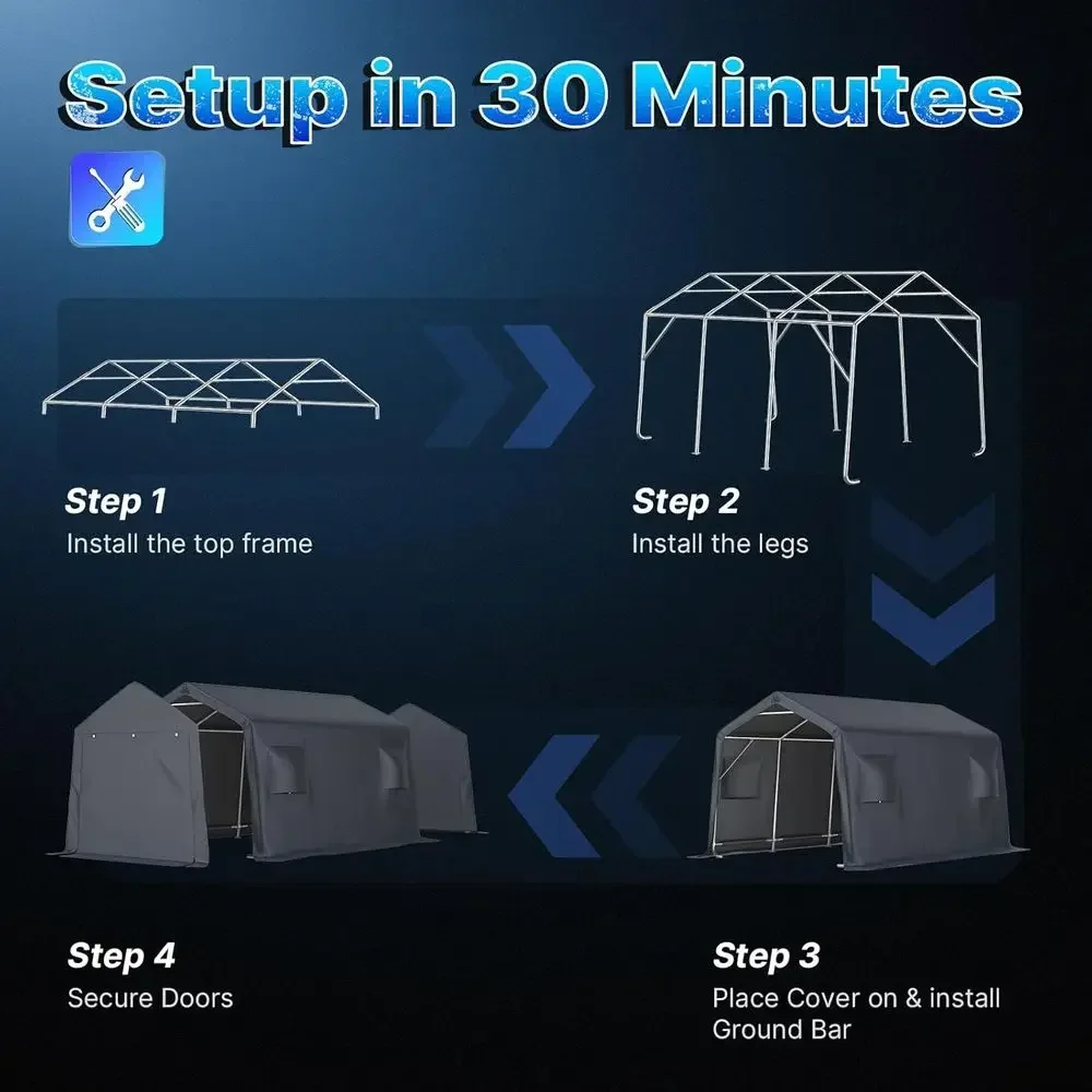 Portable 10x15 Steel Peak Roof Storage Shed for Cars, Motorcycles, Boats, and Garden Tools with Roll-up Doors and Vents
