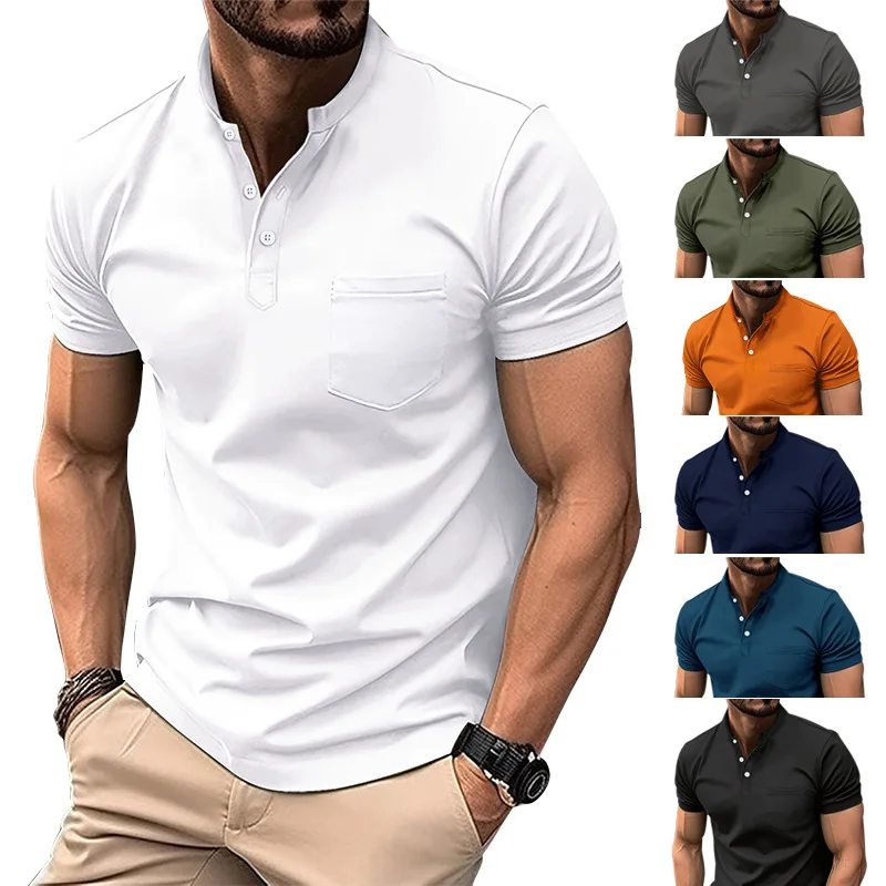 GZMS-Men's Casual Polo Shirt with Pockets and Button, Pure Color Top, Business Shirt, New