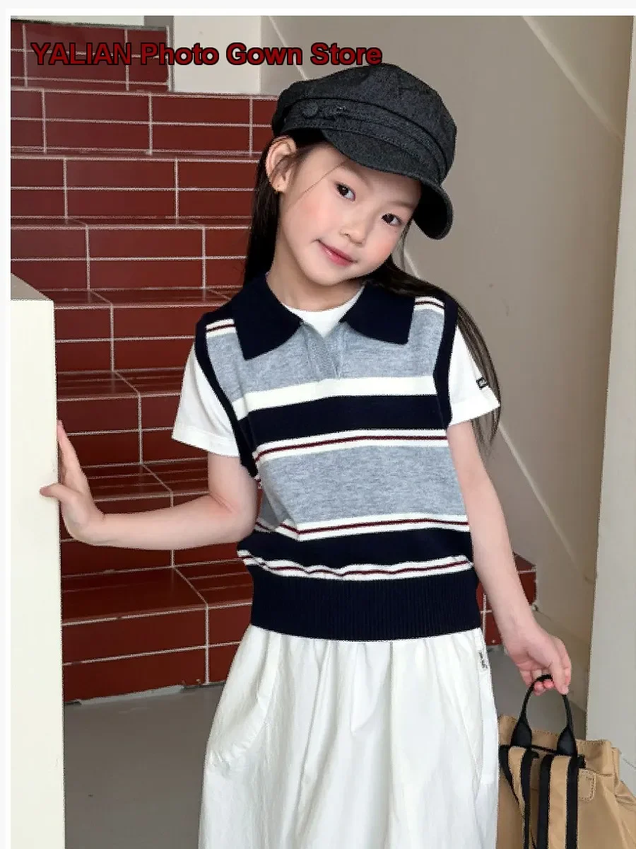 Girls Knit Vest Infant Spring Summer Round Neck Striped Collar Ribbed Soft Wool Kids