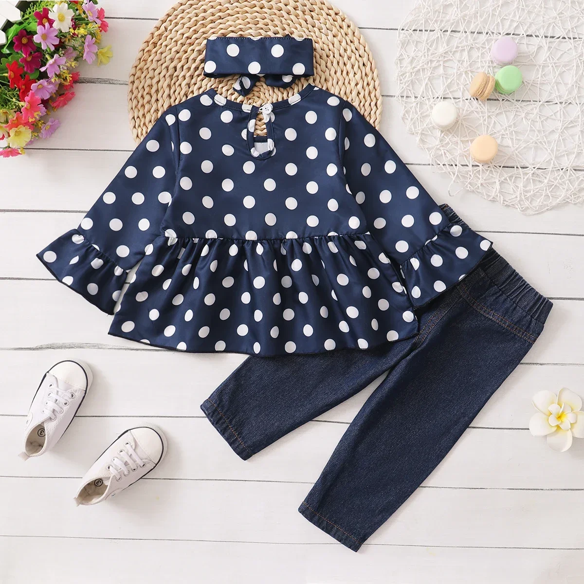 PatPat 3pcs Baby All Over Polka Dots Navy Ruffle Bell Sleeve Top and Cotton Ripped Denim Jeans Set Soft and Comfortable