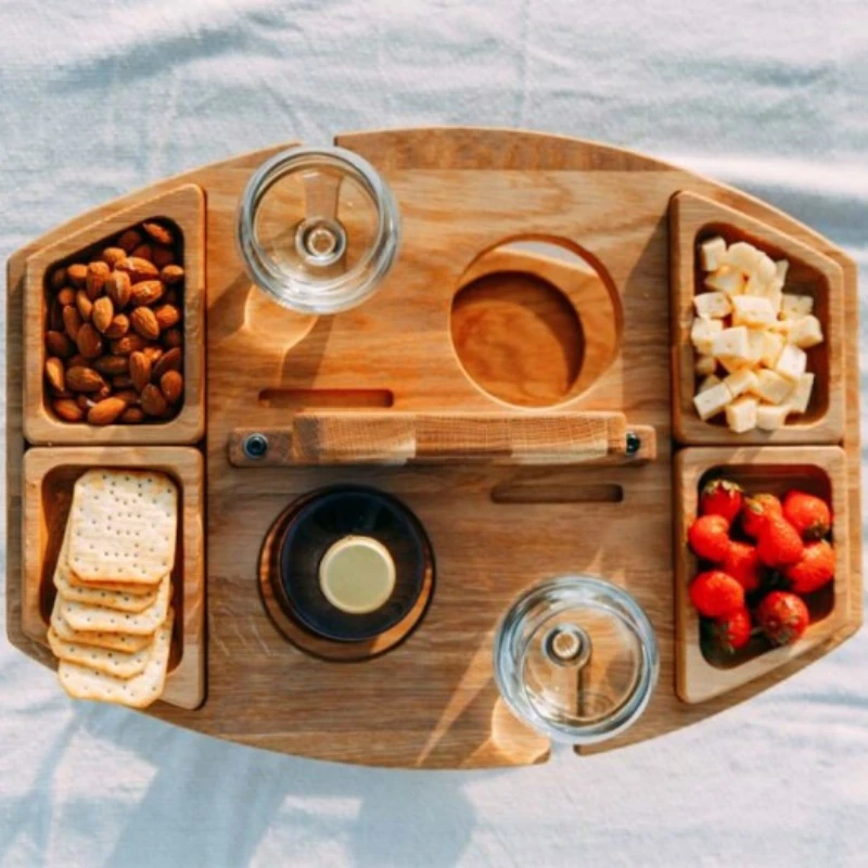 Mesa de Picnic portátil para exteriores, cesta de almacenamiento de madera colgante, copa de vino y plato de fruta, mango de mesa de Camping, mesa