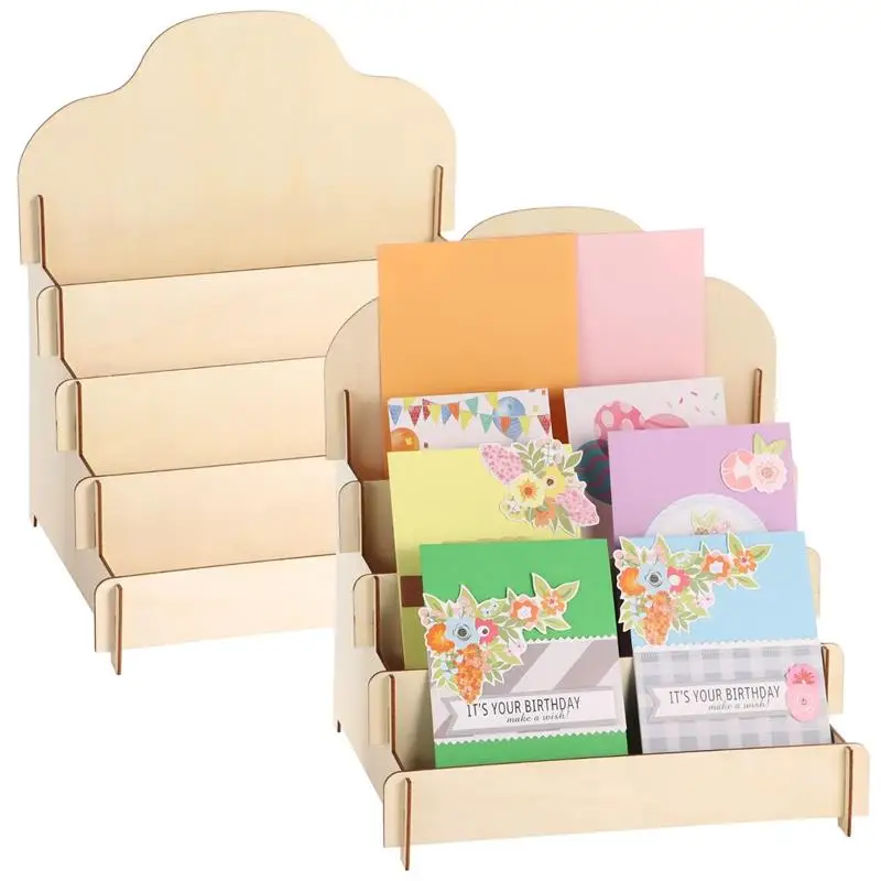 2Pcs/Set Greeting Card Display Stands 4-Tier Wooden Sticker Display Racks Card Organizers Blank Retail Display Shelves Storage