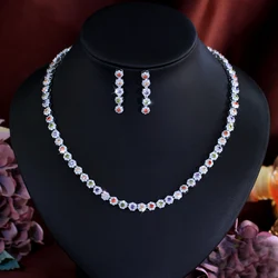 CWWZircons Multi Color Cubic Zirconia Women Wedding Choker Necklace And Earrings Sets Elegant Women Party Costume jewelry T0534