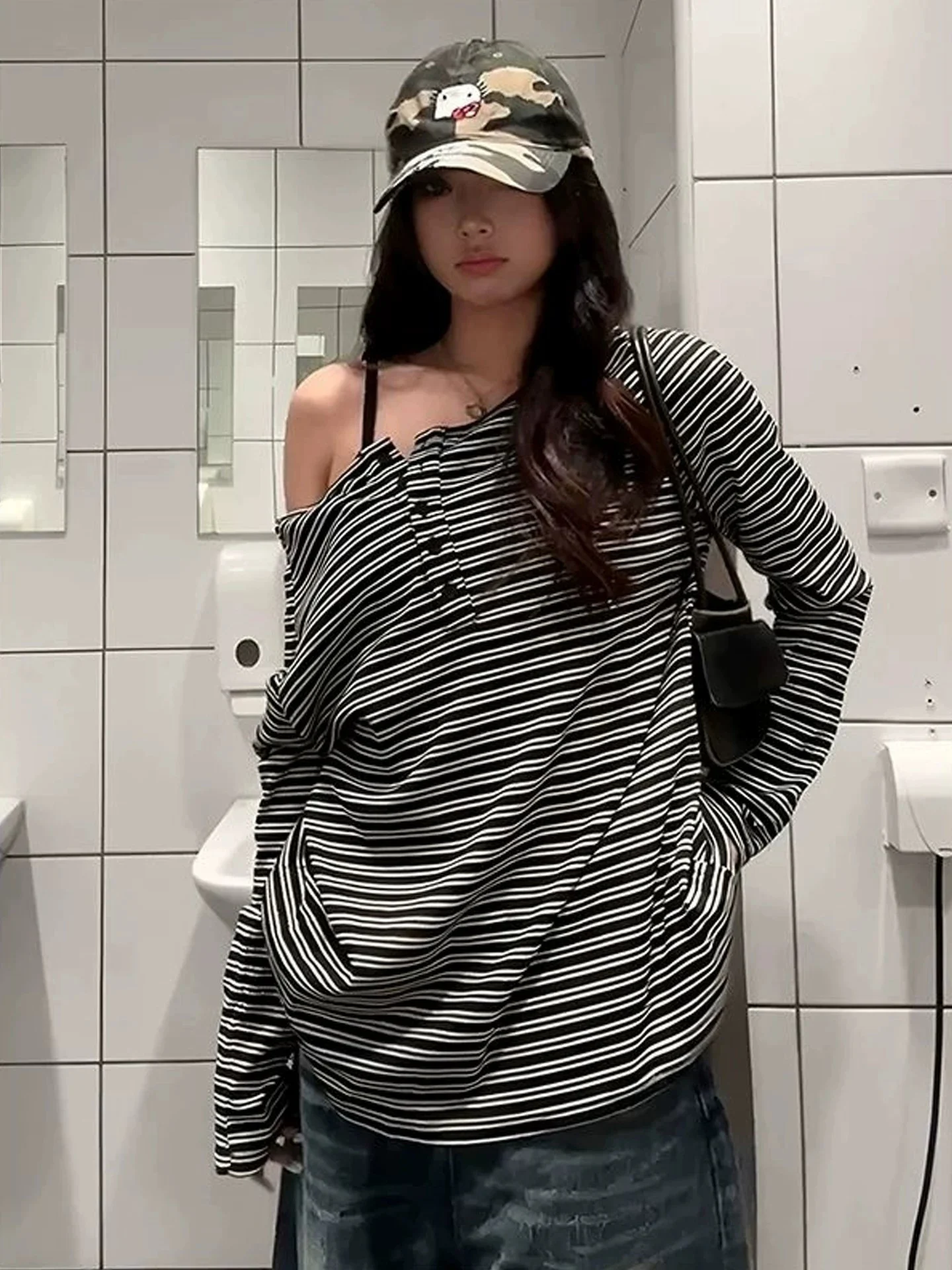 Slimming Stripe Shoulder Bared Long Sleeve Women's T-shirt Lazy Style Sun Protection Cover up Casual Loose Fit Autumn Thin Ho...