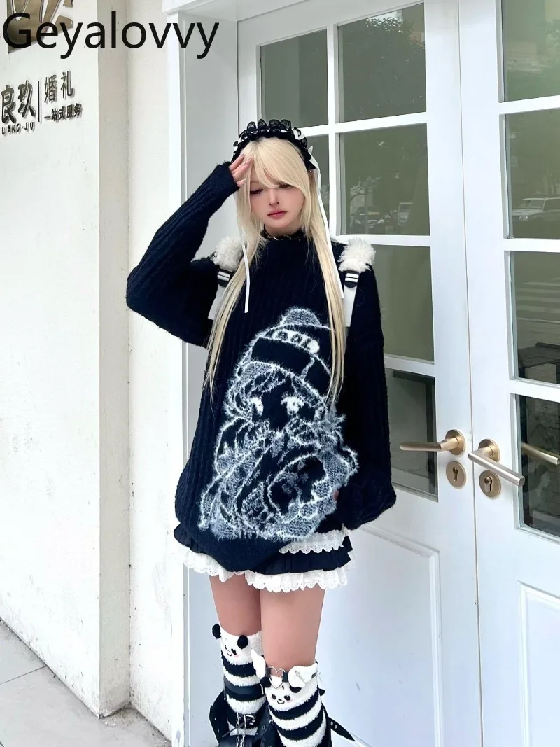 

Japanese Original Sweet Cute Girls Anime Print Crew Neck Pullover Subculture Cartoon Loose Black Knitted Sweater for Women