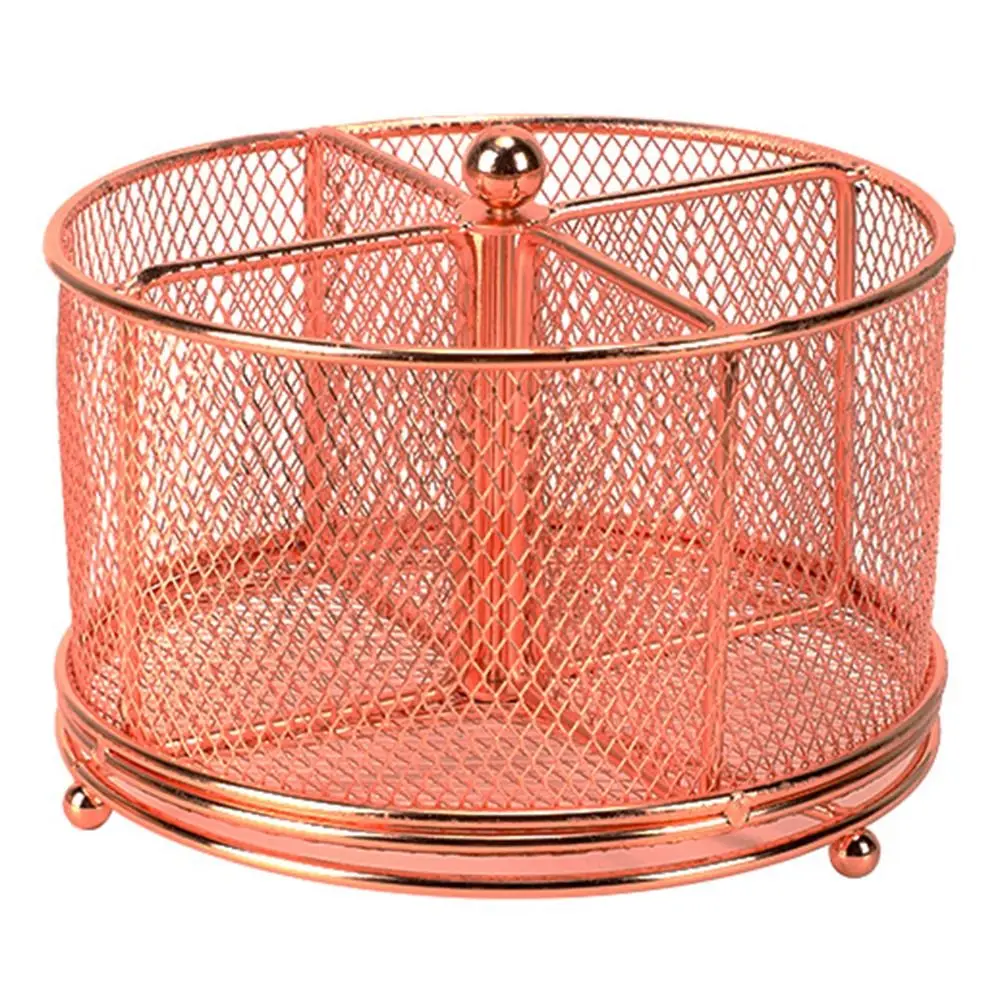 

Metal 360° Rotating Mesh Pencil Holder Hollowed-out 4 Compartments Makeup Brush Storage Bucket Creative Multi-Purpose