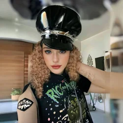 HongLuan Punk Leather Captain Hat with Punk Stud | PU Black Military Cap for Burning Man Festival Woman