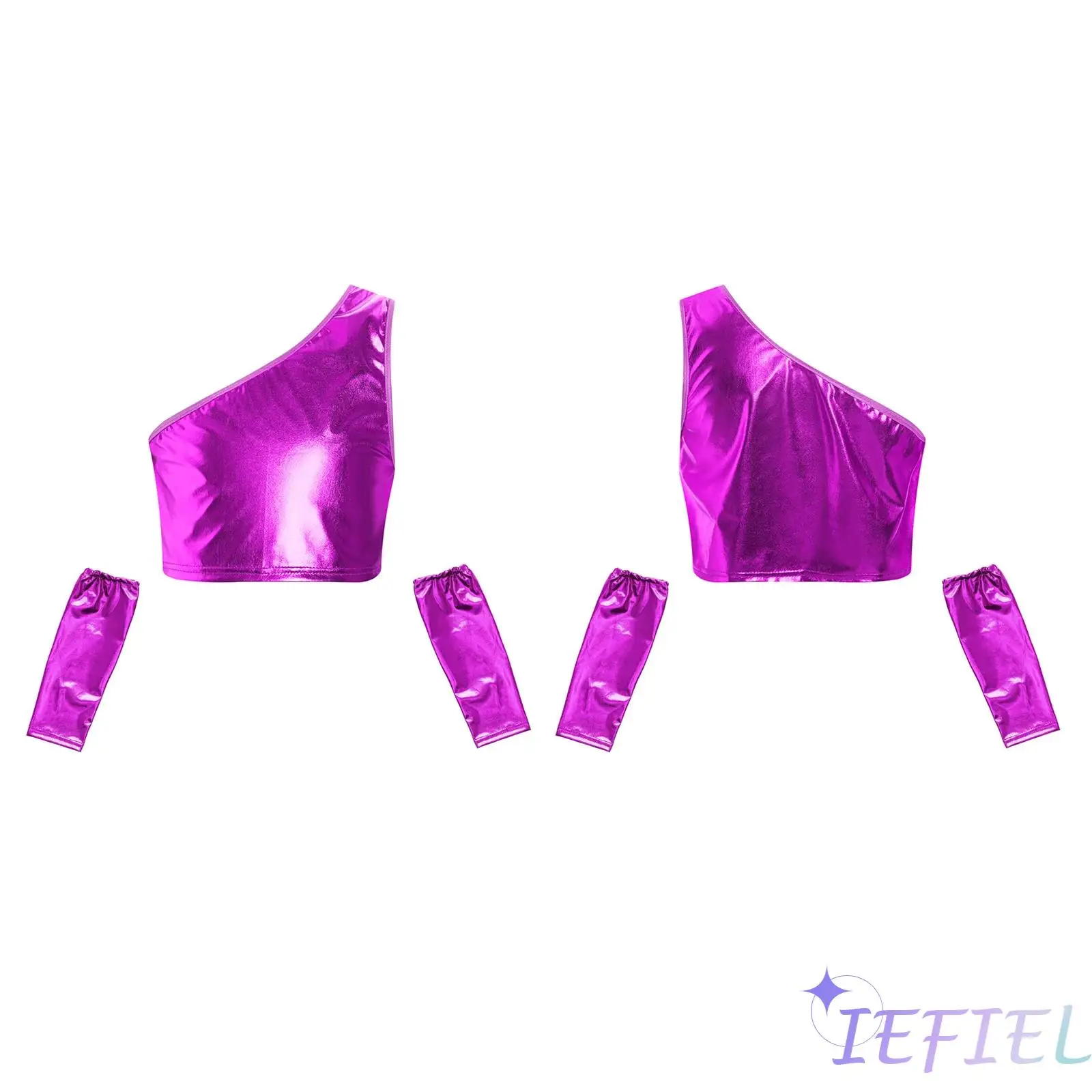 

2Pcs Girls Ballroom Dance Performance Costume Asymmetrical Sleeveless Metallic Crop Top+ Gloves for Dance Practice Performance