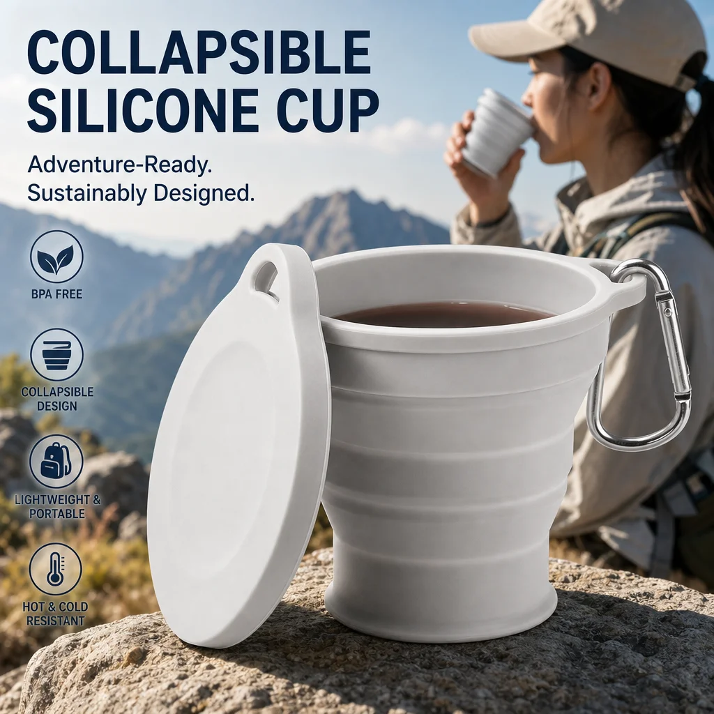 Collapsible Silicone Cup BPA-Free Foldable Travel Mug with Lid Carabiner Lightweight Hot Cold Resistant for Outdoor Hiking Camp