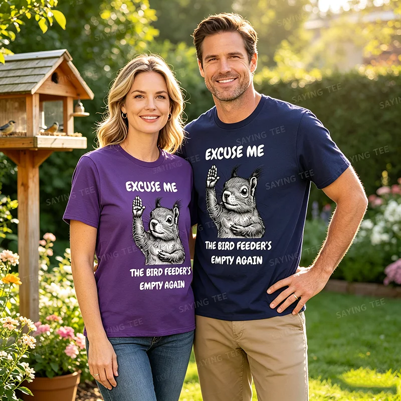 Funny Squirrel Excuse Me, Bird Feeder's Empty Again T-Shirt Y2k Antics of Cheeky Critters Joke Saying Tee Soft Cotton Tee Shirts