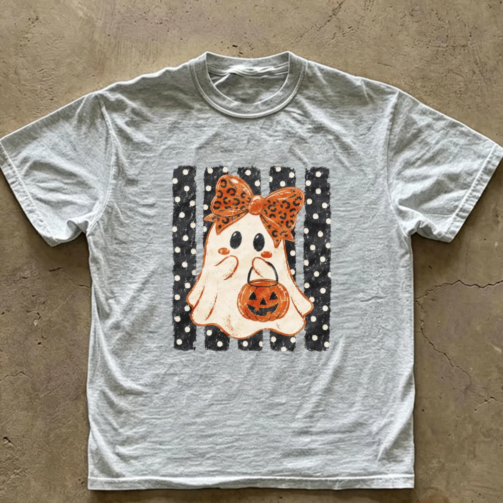 Cute Leopard Bow Ghost Halloween T‑Shirt Trick or Treat Pumpkin Bucket Polka Dot Vertical Stripes Spooky Girly Ghost Cotton Tops