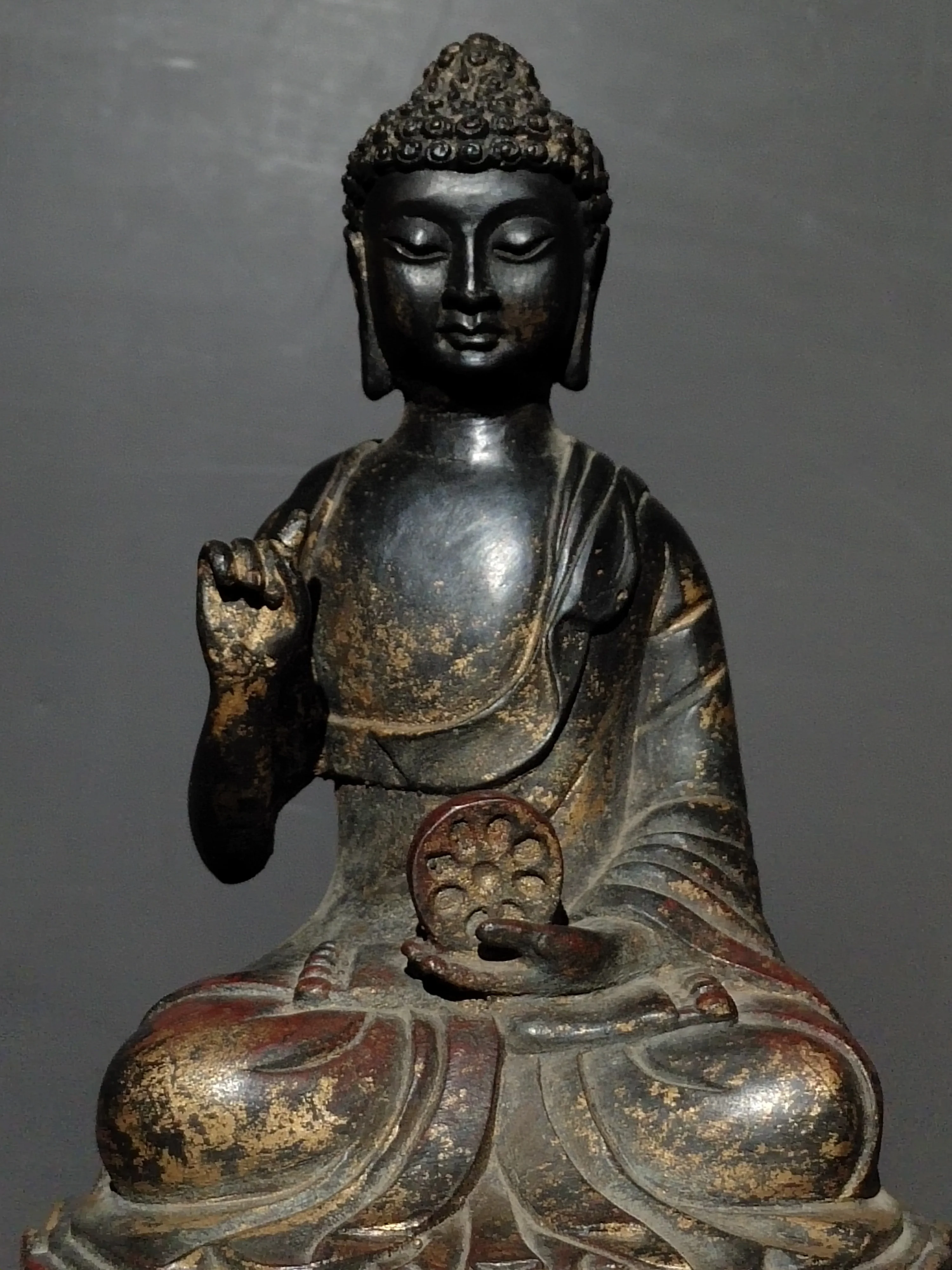 Tibetan Tantra Brass Liu Tuo Gold Antique Sakyamuni Sitting Buddha Statue Ornament Home Hall Incense Case Offering 30cm
