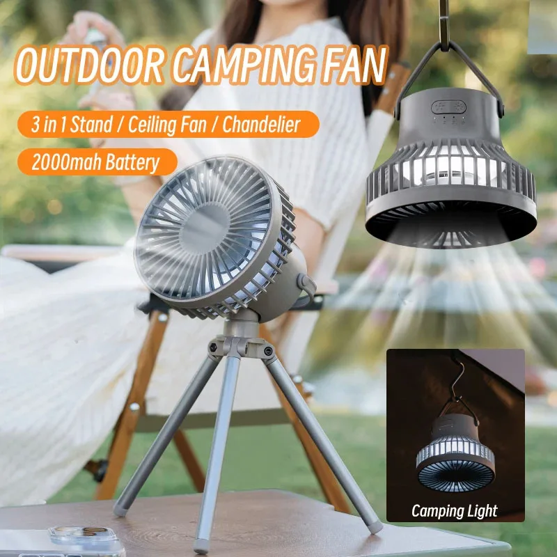 Portable Camping Fan Rechargeable Desktop Circulator Wireless Ceiling Electric Fan with Power Bank LED Lighting Tripod