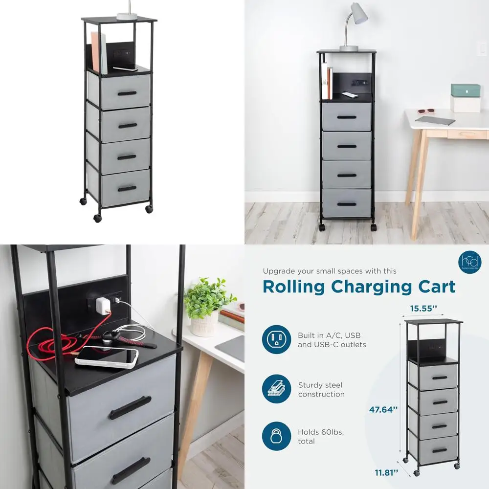 

4-Drawer Fabric Vertical Dresser Organizer with Charging Ports, Nightstand for Dorms and Bedrooms, Black & Gray