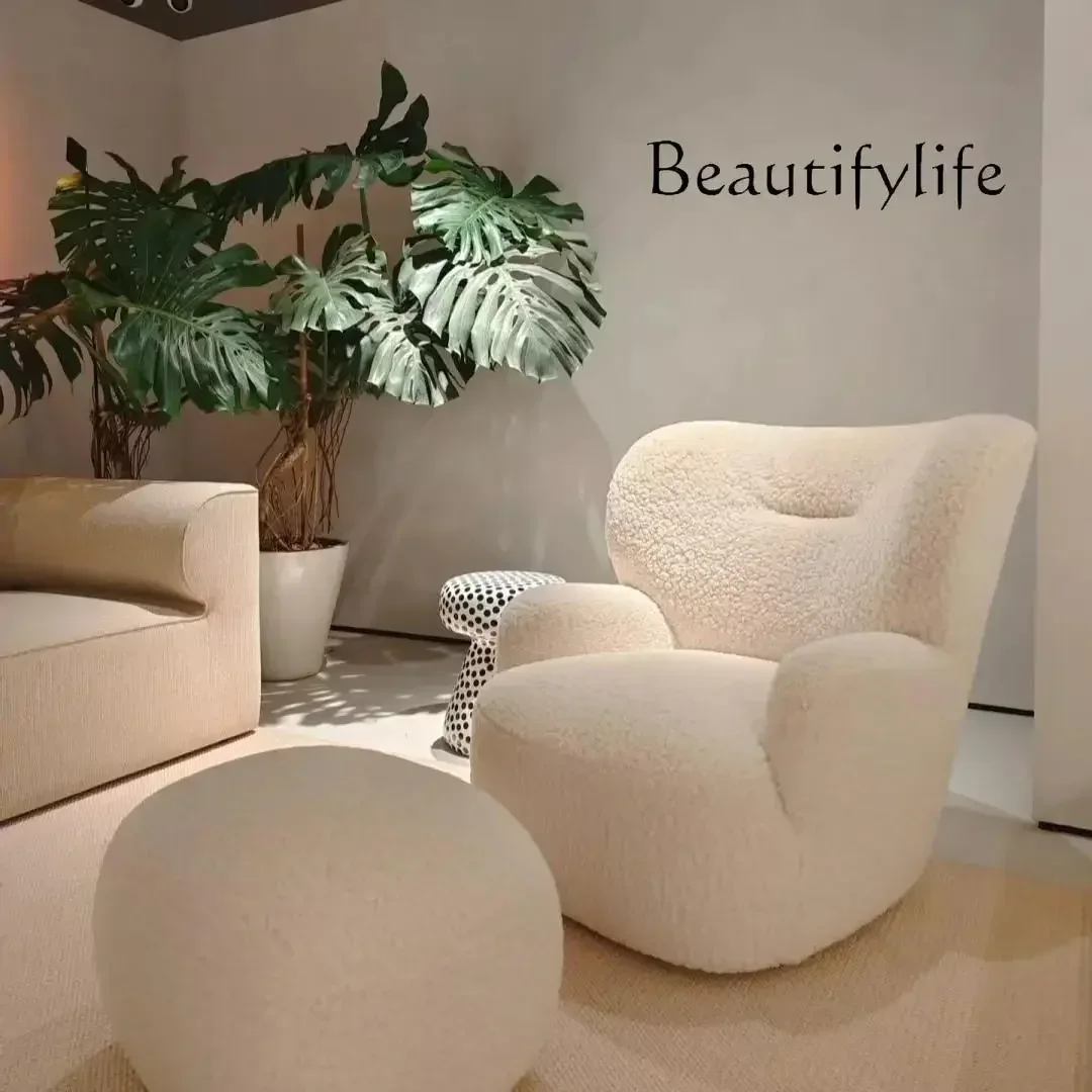 I S Cream Wind Lamb Wool Single Sofa Chair Living Room Bedroom Curved Small Apartment Light Luxury Leisure Chair