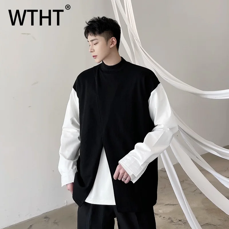 

WTHT Fashion Men's Patchwork Contrast Color Irregular T-shirts Trendy Round Collar Long Sleeves Tops Male 2025 Autumn 2A2106