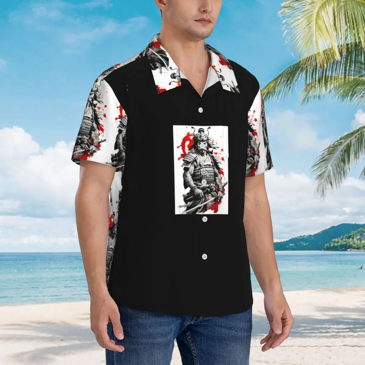 Kemeja Pria Samurai Jepang Kemeja Lengan Pendek Hawaii Atasan Kancing Modis untuk Pantai Musim Panas