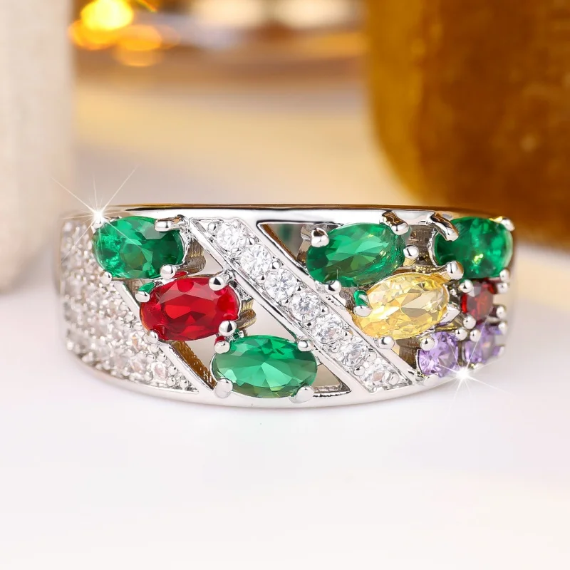 European and American Luxury and Colorful Zircon Lined Ring, Retro Eye-catching Hollow Diagonal Strip, High-end Elegant Ring