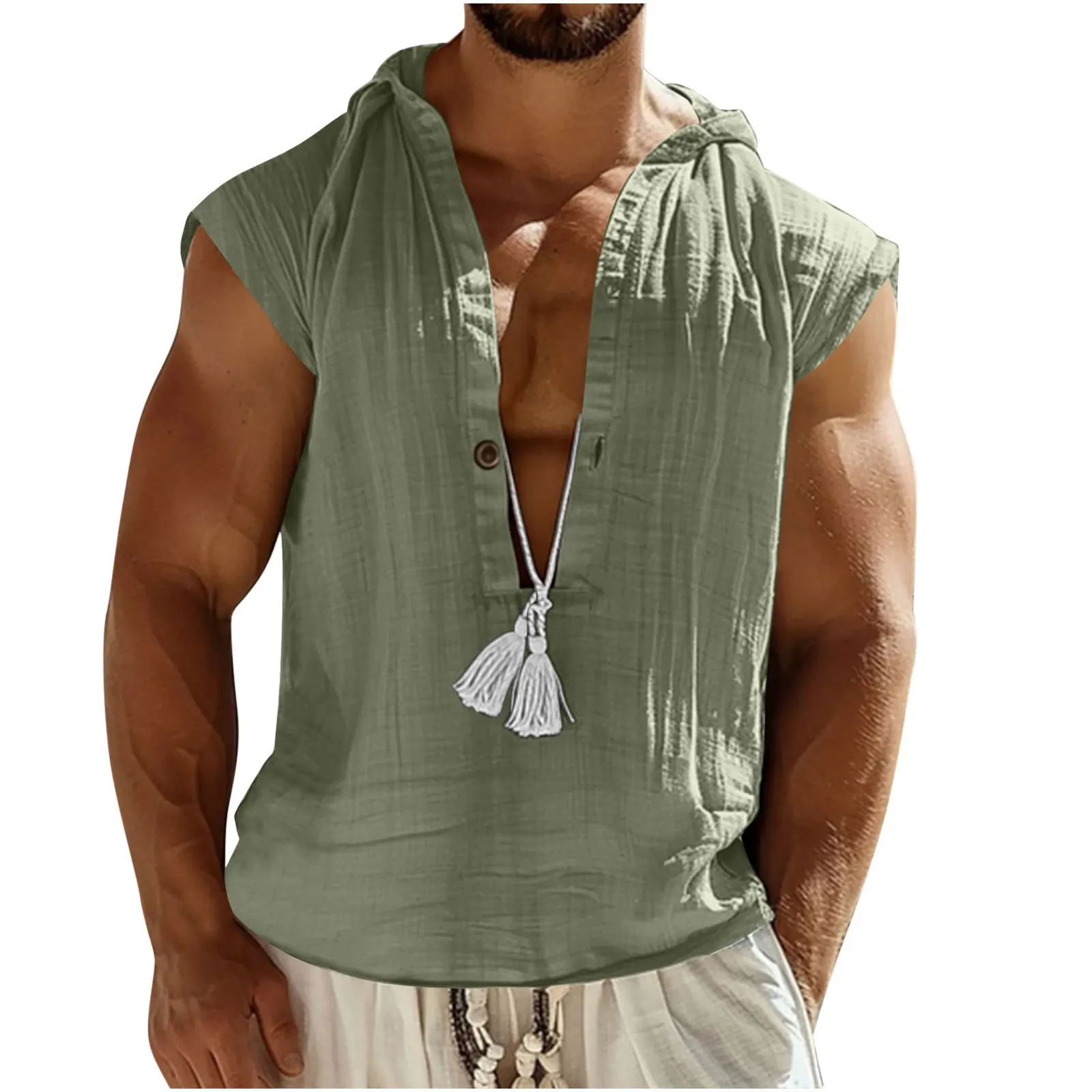Men Hooded Sleeveless V Neck Shirt Tassel Drawstring Loose Solid Color Summer Beach Casual Tank Tops
