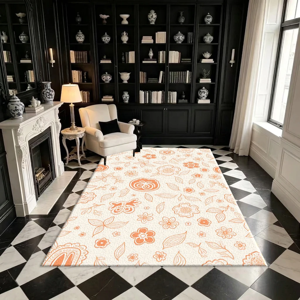 Hand-Painted Orange Floral Pattern Carpet Bohemian Style Home Decor Indoor Living Room Carpet