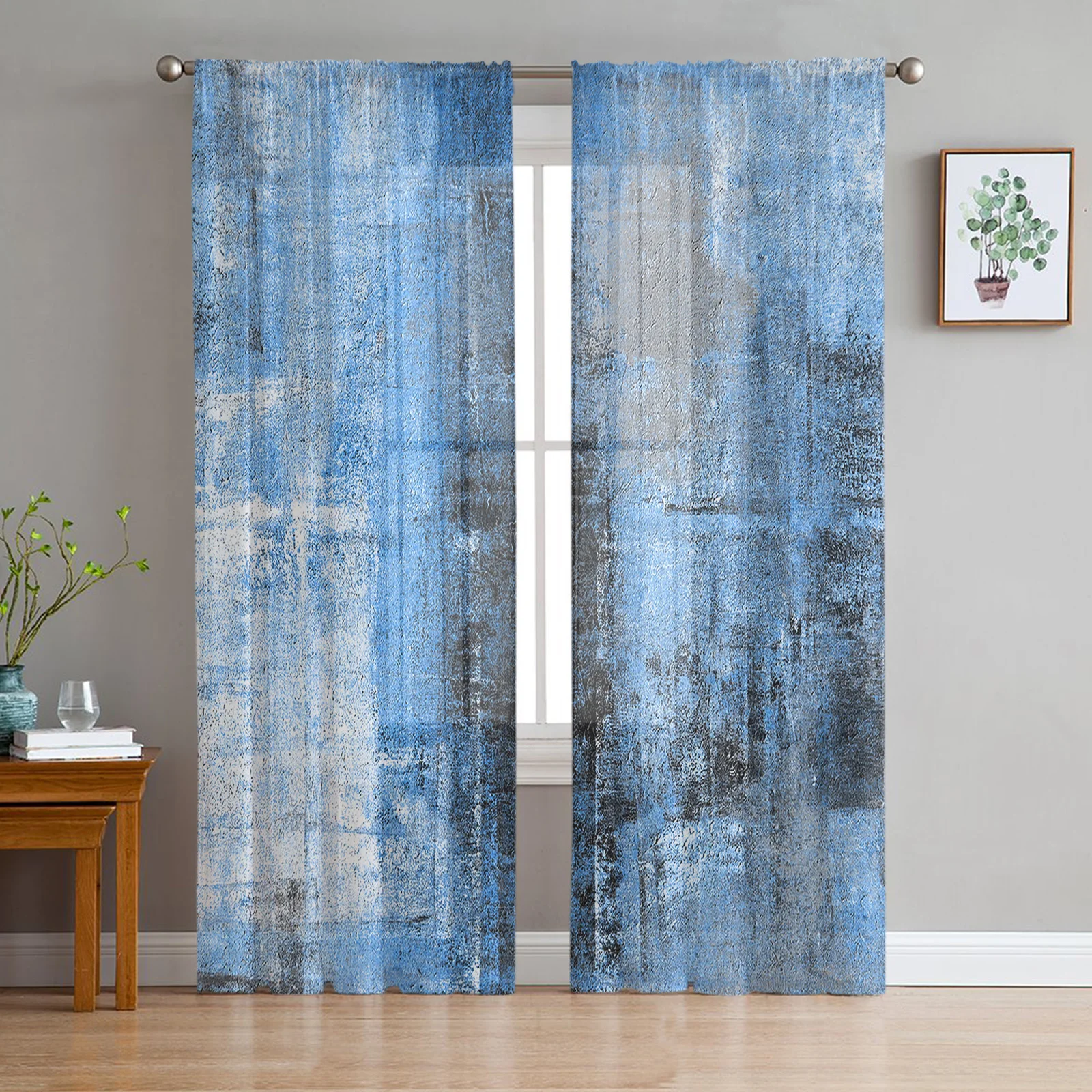 Blue Gray Oil Painting Texture Paint Sheer Curtains for Living Room Decoration Window Curtains Kitchen Tulle Voile Curtains