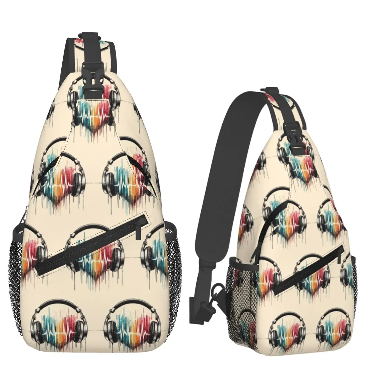 Heart Shaped Music Note With Headphones Chest Bag Men Sling Crossbody Backpack Chest Bag Travel Hiking Daypack Shoulder Bag