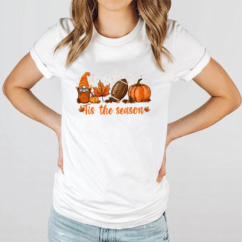 

Fashion Funny Fall Tis The Season Print T-shirts Women Gnome T-shirt Fall Pumpkins Casual Short Sleeves T-shirts Round Neck Tops