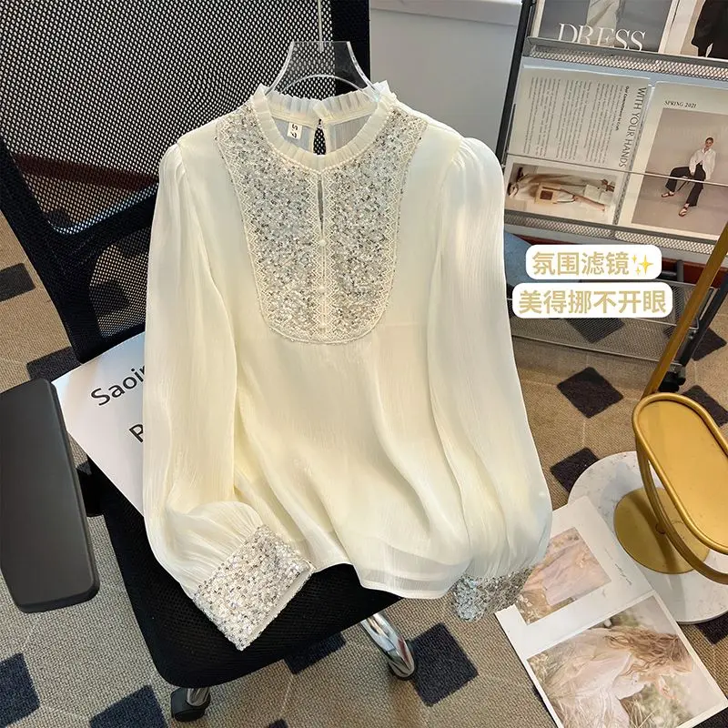 

And Fashionable Sequin Spliced Vintage Lantern Sleeves Wood Ears Stand Collar Long Sleeves Ruffle Spliced Shirt Top for Women