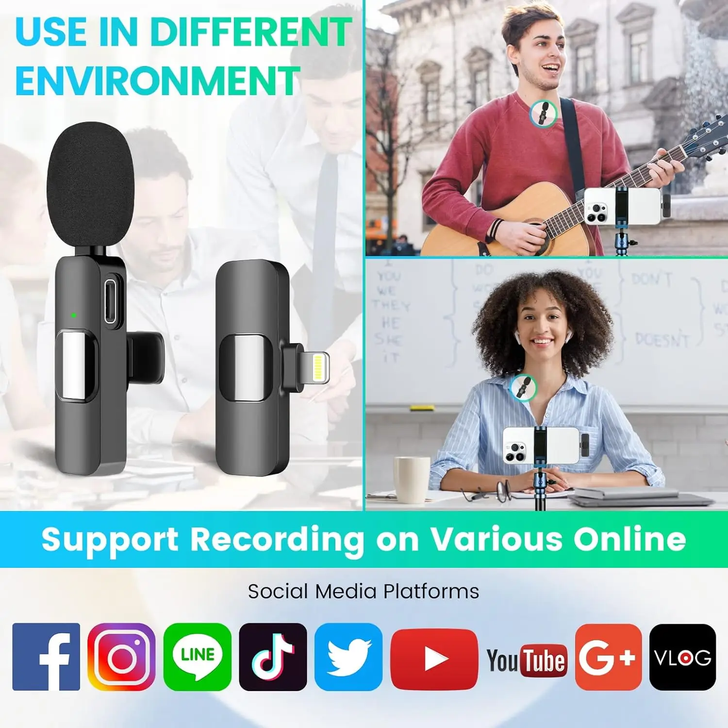 Lavalier Wireless Microphones For iPhone iPad Mini Lapel Microphone for Recording Live Streaming YouTube Interview TikTok Vlog