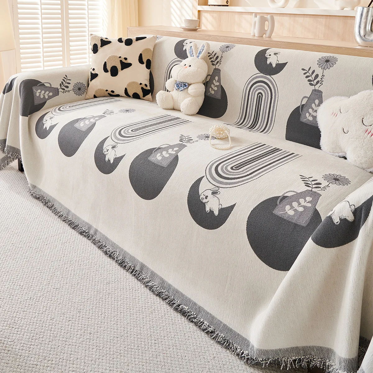 Boho Couch Cover Modern Soft Chenille White Black Triangle Plaid Sofa Cover 4 Season 3 Cushion Couch Cover for Dog Pet Friendly