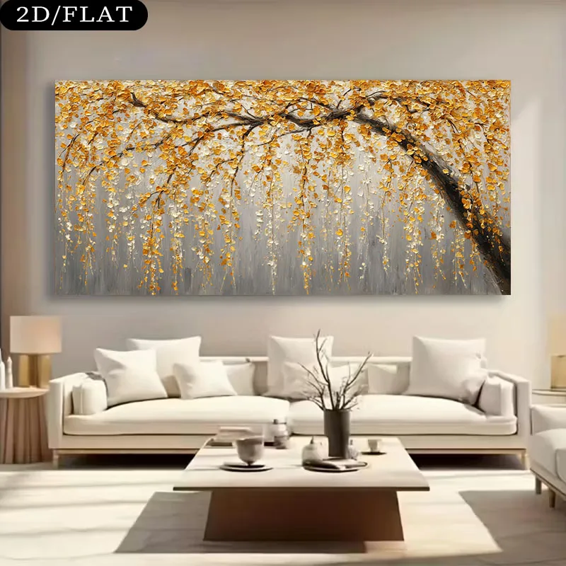 

2D Flat Large Modern Luxurious Golden Willow Tree Canvas Wall Art Unframed Abstract Canvas Prints for Living Room Decortion Gift
