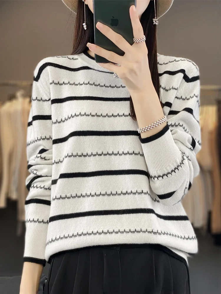 Pull tricoté Long Sve pour femme rond Ne rayé couche de base irt automne hiver nouvelle Station indépendante Sle Cross Bor...