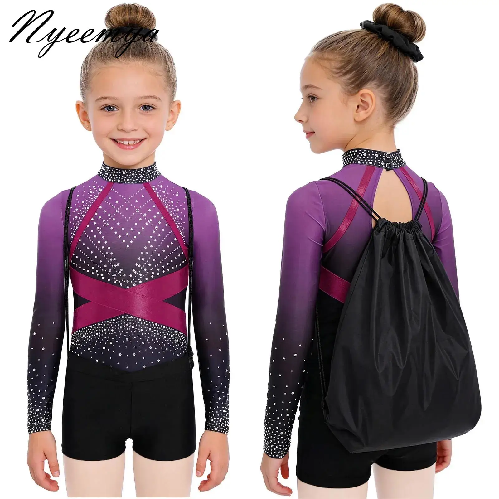 

Kids Girls Sports Gymnastics Artistic Figure Skating Costume Ballet Jersey Jumpsuit Rhinestone Leotards Performance Dance Outfit