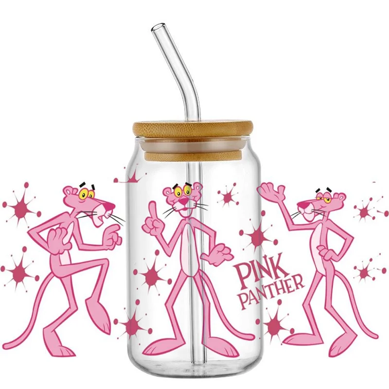 Miniso Pink Naughty Panther pattern For The 16oz Libbey Glasses Wraps Cup Can DIY Waterproof Easy To Use Custom Decals