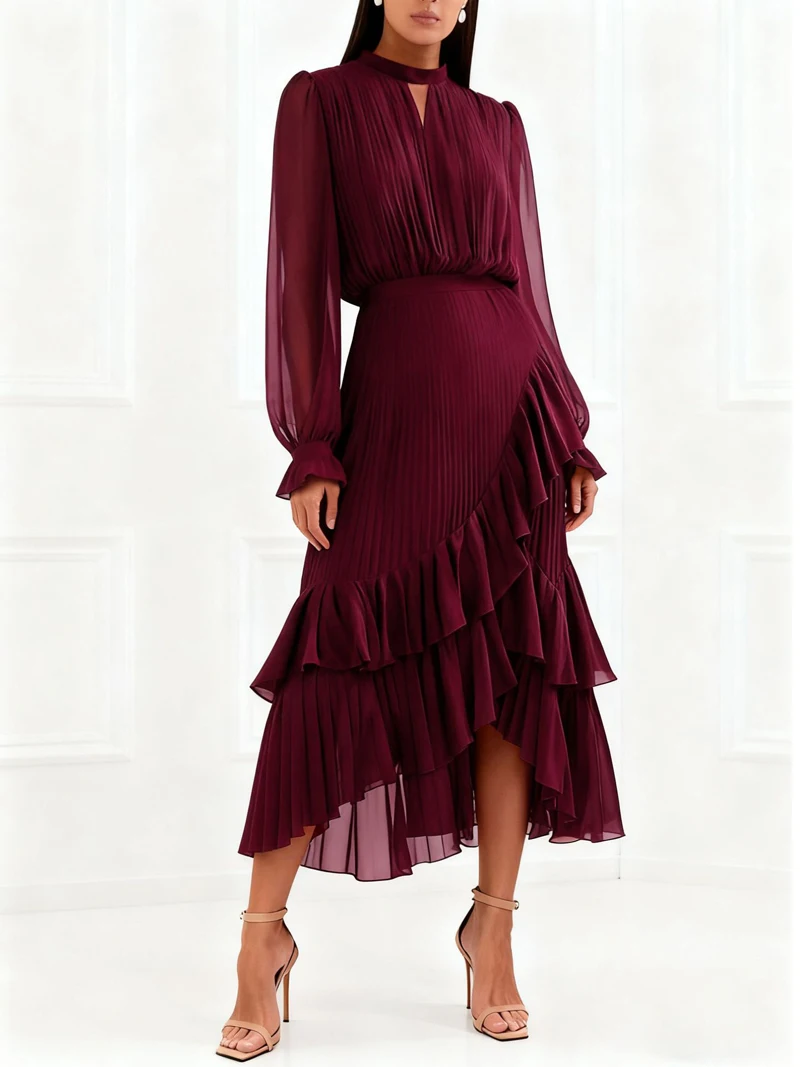 Vestido Elegante com Mangas Longas e Babados para Mulheres, Vestido em Camadas Estilo A para Primavera e Verão, Vestidos de Festa e Prom