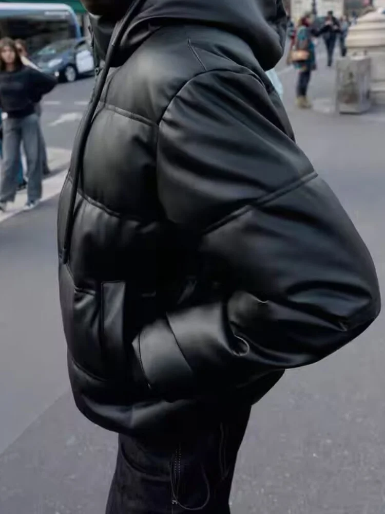 سترة جلدية قصيرة بغطاء للرأس للنساء موضة الصلبة الوقوف طوق سستة جيب سترات دافئة سيدة شتاء جديد ملابس الشارع اليومية #5