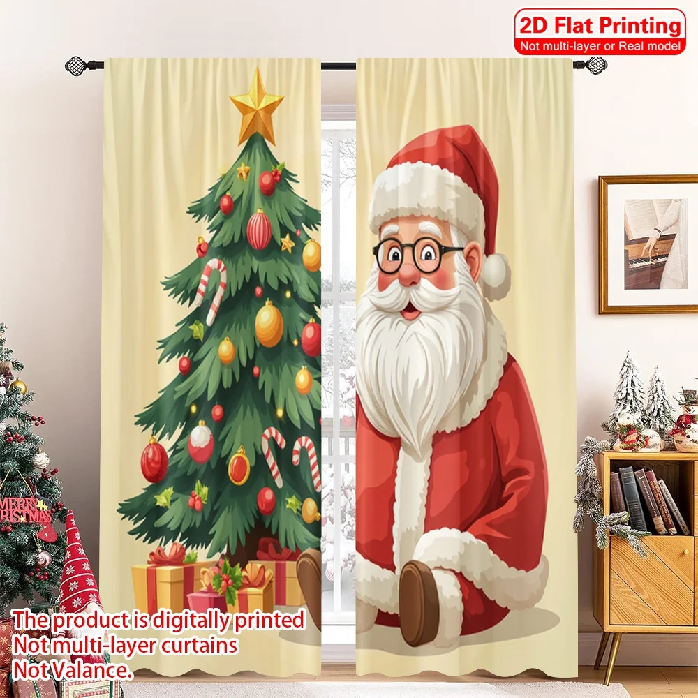 

2pcs 2D flat printing Merry Christmas Drapes Santa Claus Christmas Festive Holiday Season Polyester Without Electricity Festive