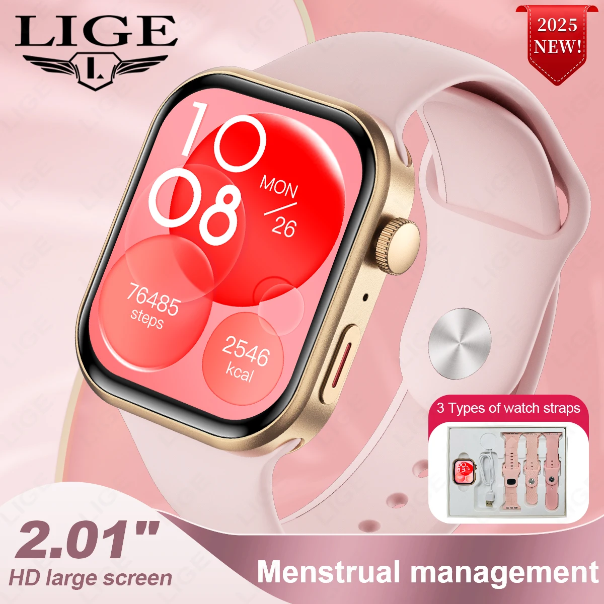 LIGE Ultra reloj inteligente 3 correas hombres mujeres AMOLED ritmo cardíaco Bluetooth llamada deportes Fitness impermeable Smartwatch para IOS Android