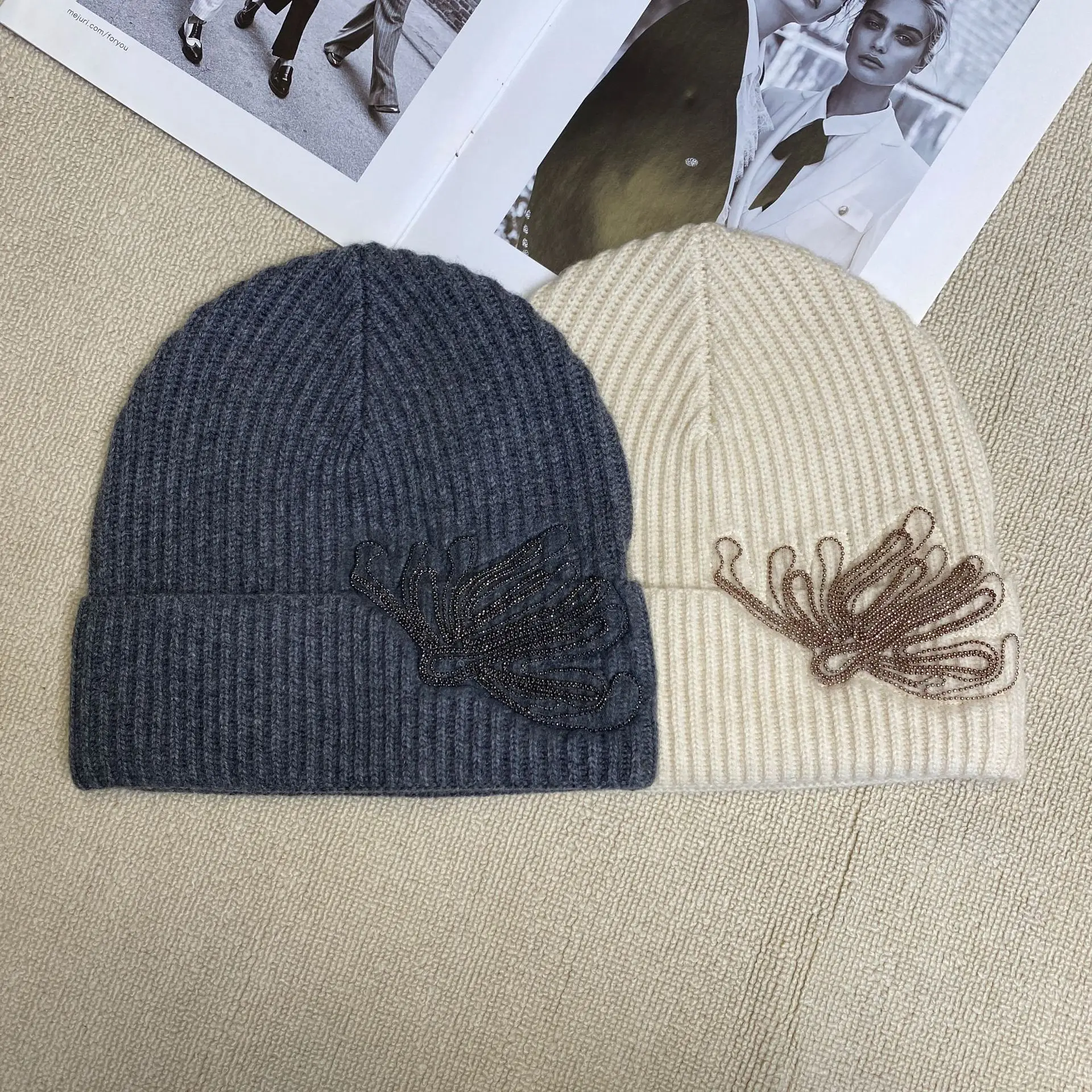 2026 Autumn Winter New Cashmere Wool Nail Bead Knitted Hat