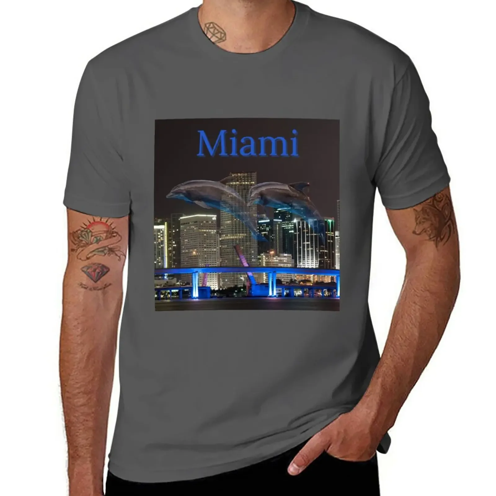 New miami, city of miami with skyline, and dolphins in background, blue letters T-Shirt Tee shirt blondie t shirt mens clothes