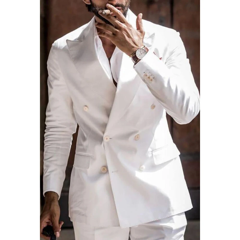 White Elegant Double Breasted Men Suit Two Pieces(Jacket+Pants) Lapel Outfits Chic Casual Party Prom Wedding Set