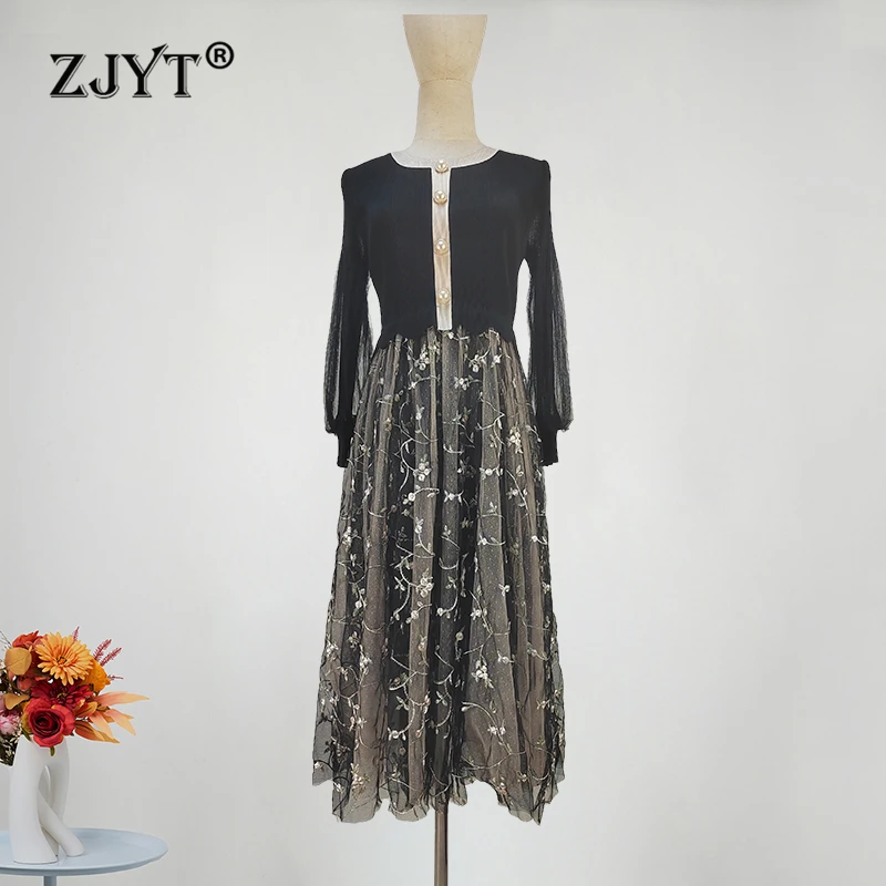 

ZJYT Mesh Embroidery Patchwork Dress for Women Long Sleeve Spring Midi Dresses Elegant Vintage Casual Vestidos Femininos Black